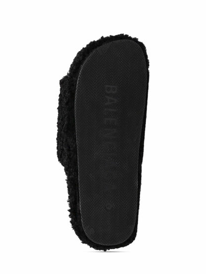 BALENCIAGA BLACK FURRY SLIDE SANDALS