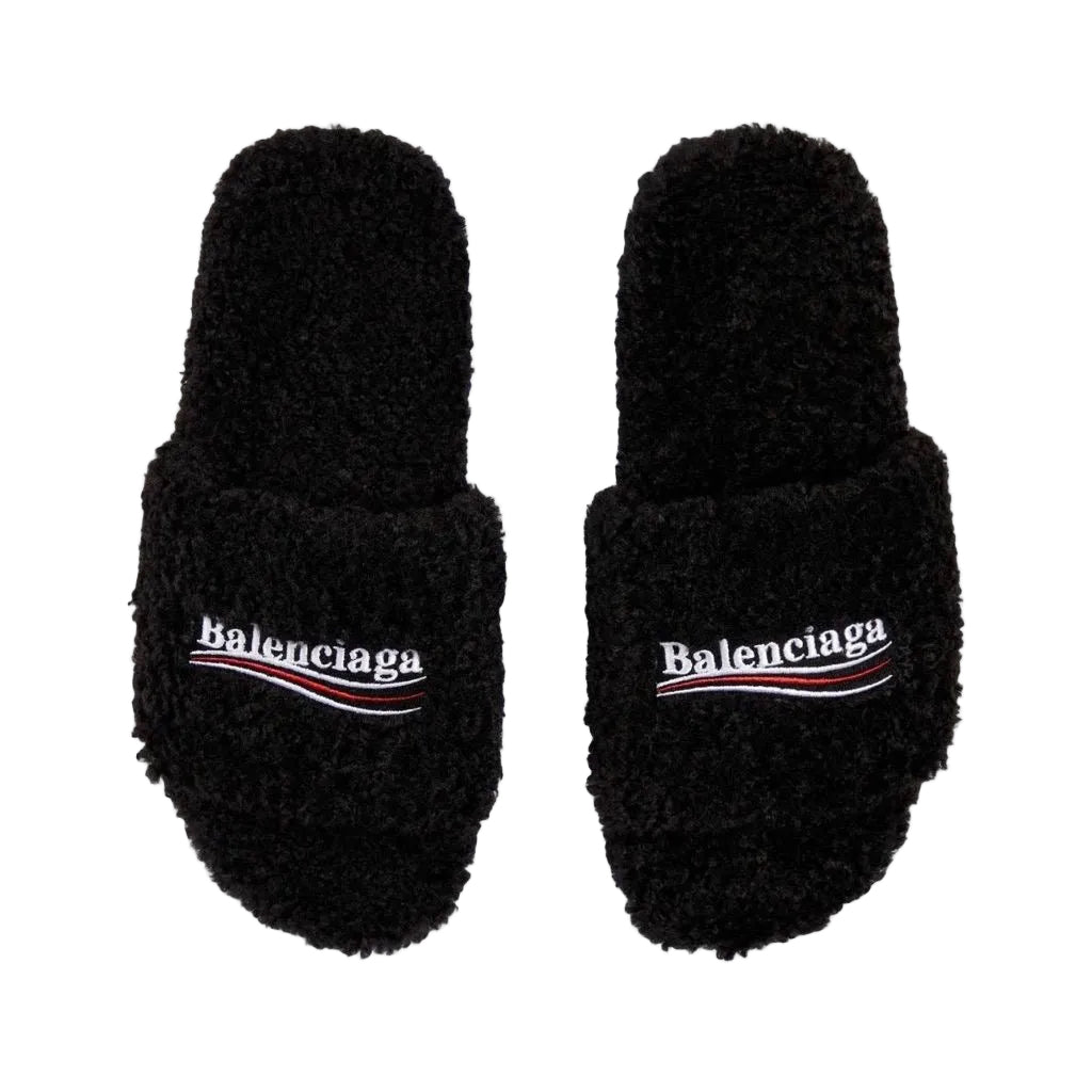 BALENCIAGA BLACK FURRY SLIDE SANDALS