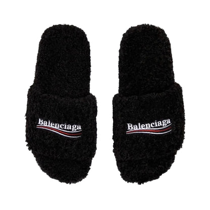 BALENCIAGA BLACK FURRY SLIDE SANDALS