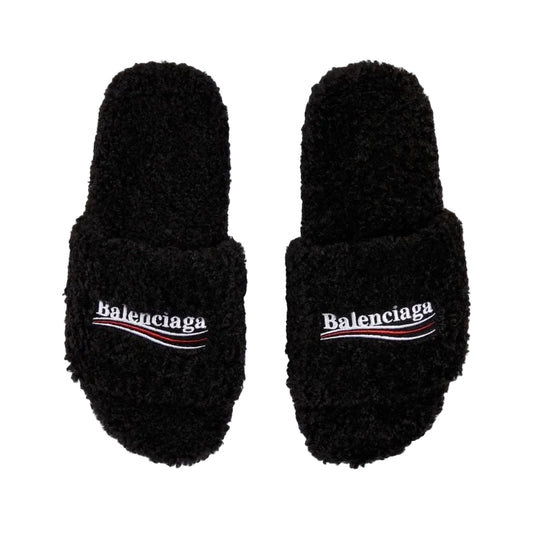 BALENCIAGA BLACK FURRY SLIDE SANDALS