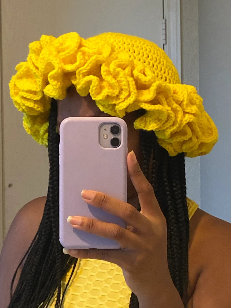 Crochet Ruffle Bucket Hat - Super Thick Ruffle yellow