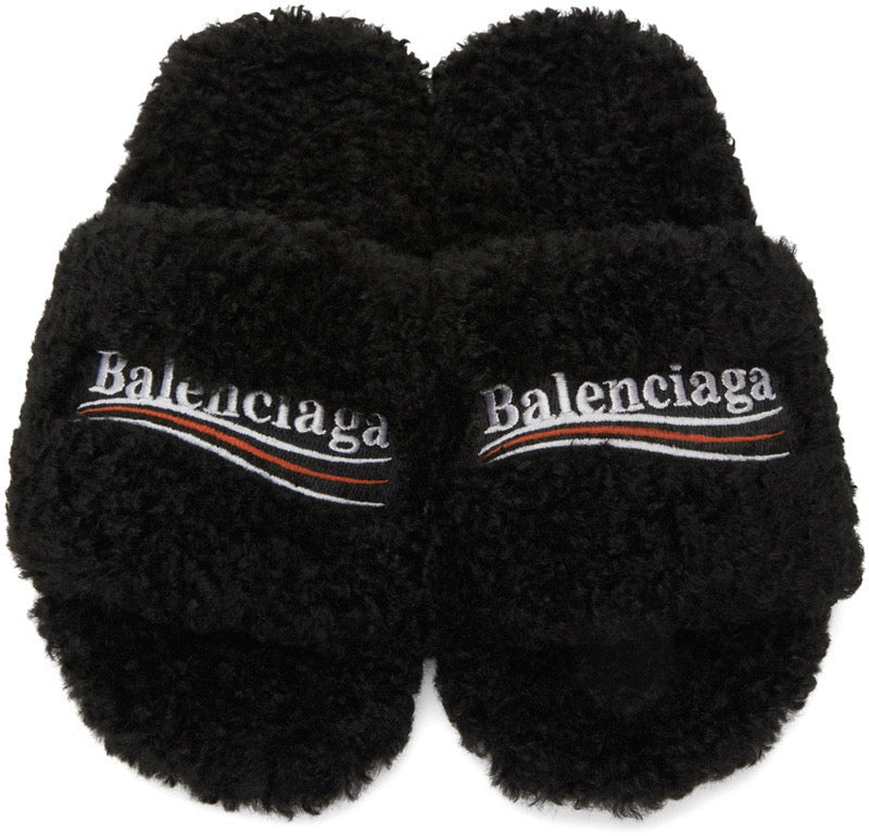 BALENCIAGA BLACK FURRY SLIDE SANDALS