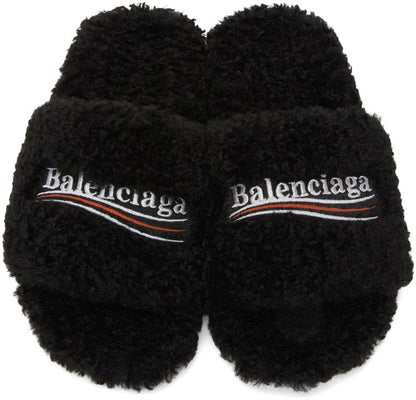 BALENCIAGA BLACK FURRY SLIDE SANDALS